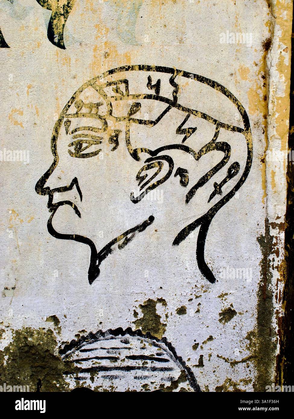 Wandbild in Varanasi, das eine symbolische Abbildung des Bewusstseins darstellt, inspiriert von vedischen Philosophien des Geistes. Stockfoto