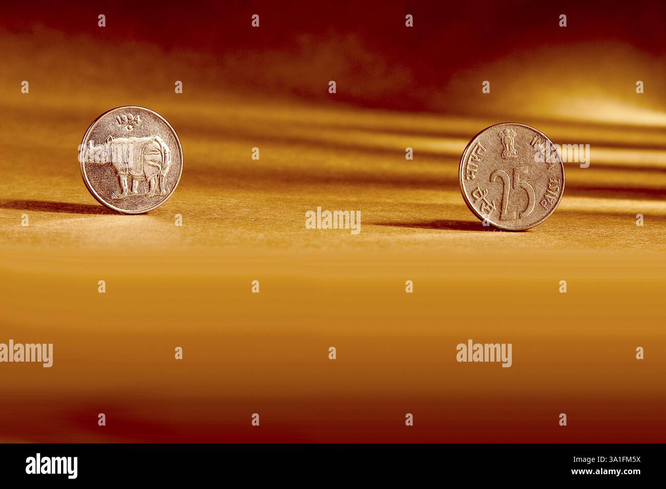 Doppeltes Paar indische Währung 25 Paise Münze Vorder- und Rückseite geprägte Nashörner auf orangem Hintergrund Stockfoto