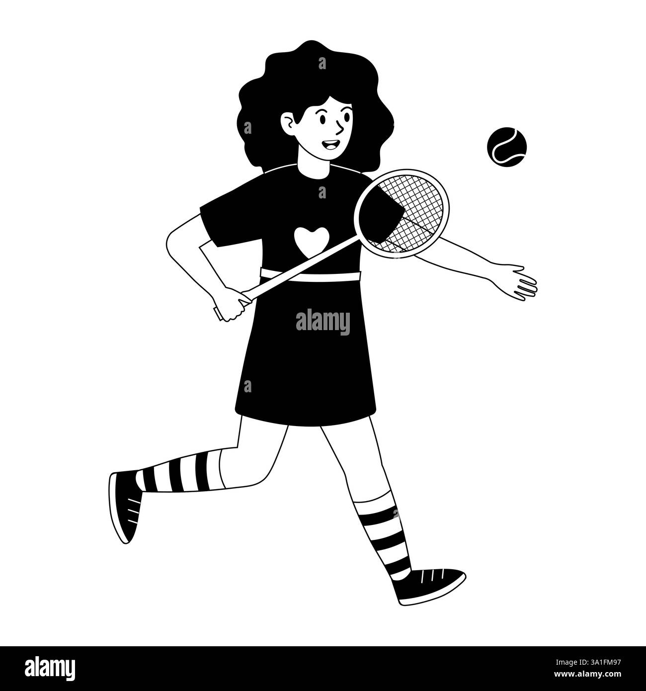 Mädchen, das tagsüber Tennis in einer schwarz-weißen Illustration spielt Stock Vektor