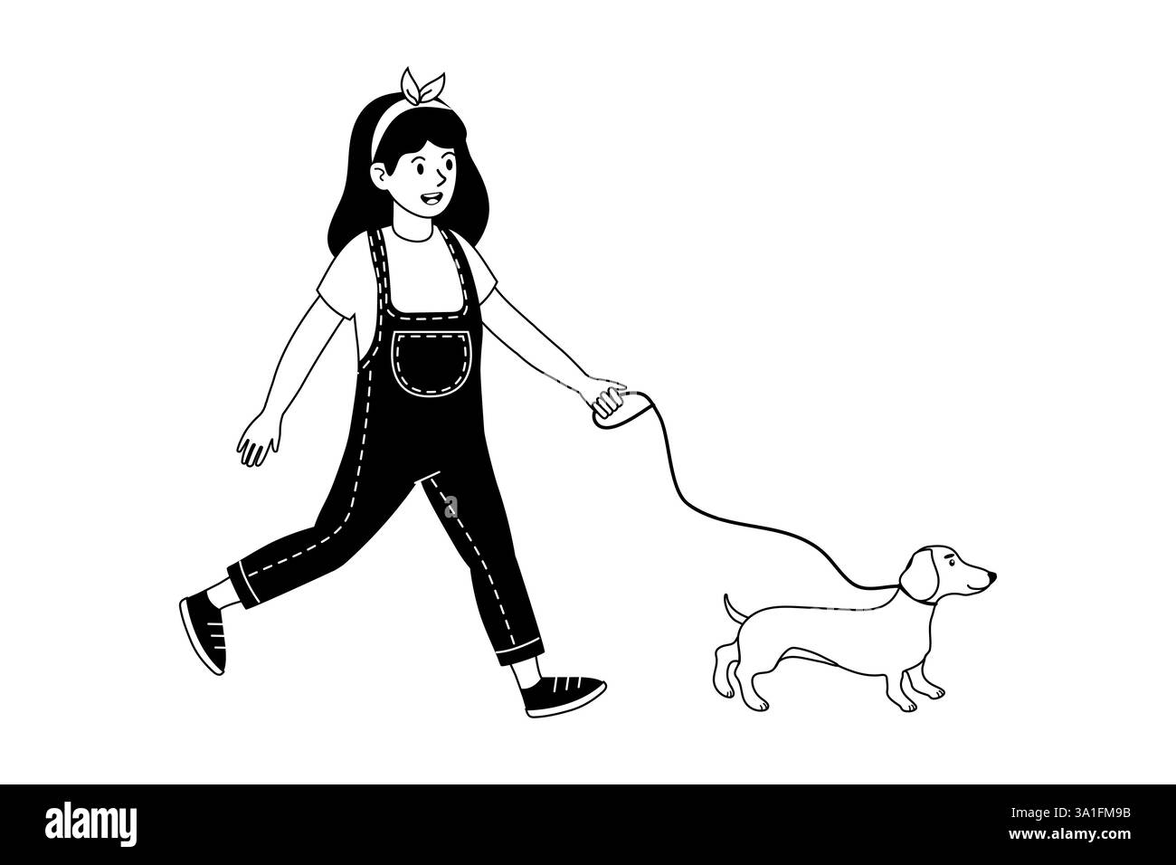 Mädchen, das einen kleinen Hund in einem Park an einem sonnigen Tag läuft Stock Vektor