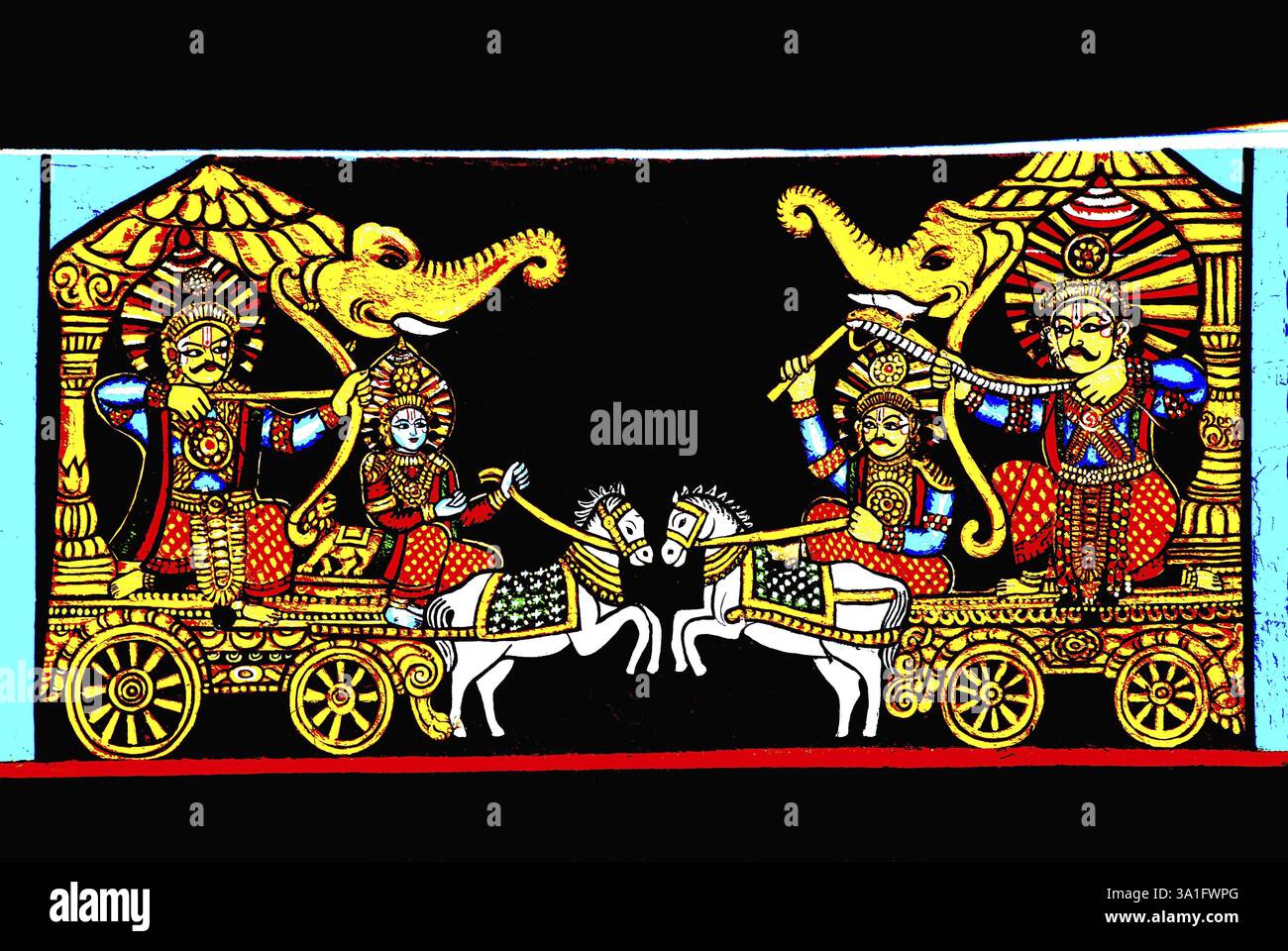 Schlachtfeld von Kurukshetra in Mahabharata ein Epos, Gemälde an der Fassade des Udupi Sri Krishna Tempels, Udupi, Karnataka, Indien, Asien Stockfoto