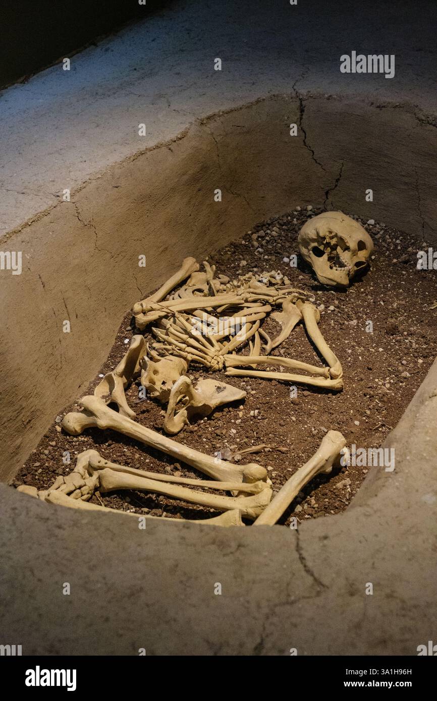 Türkei, Turkiye. Sanliurfa Museum Ausstellung. Nachbildung des Gravesits eines menschlichen Wesens. Stockfoto