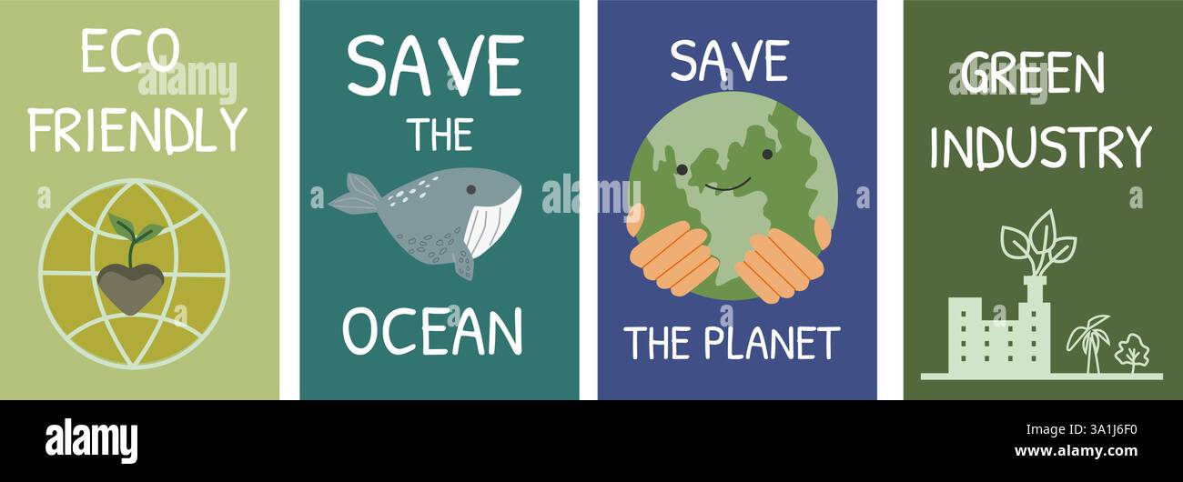 Umweltfreundliche Initiativen: Schützen Sie den Ozean, schützen Sie den Planeten, unterstützen Sie die grüne Industrie. Set von Öko-Postern – flaches Design. Stock Vektor