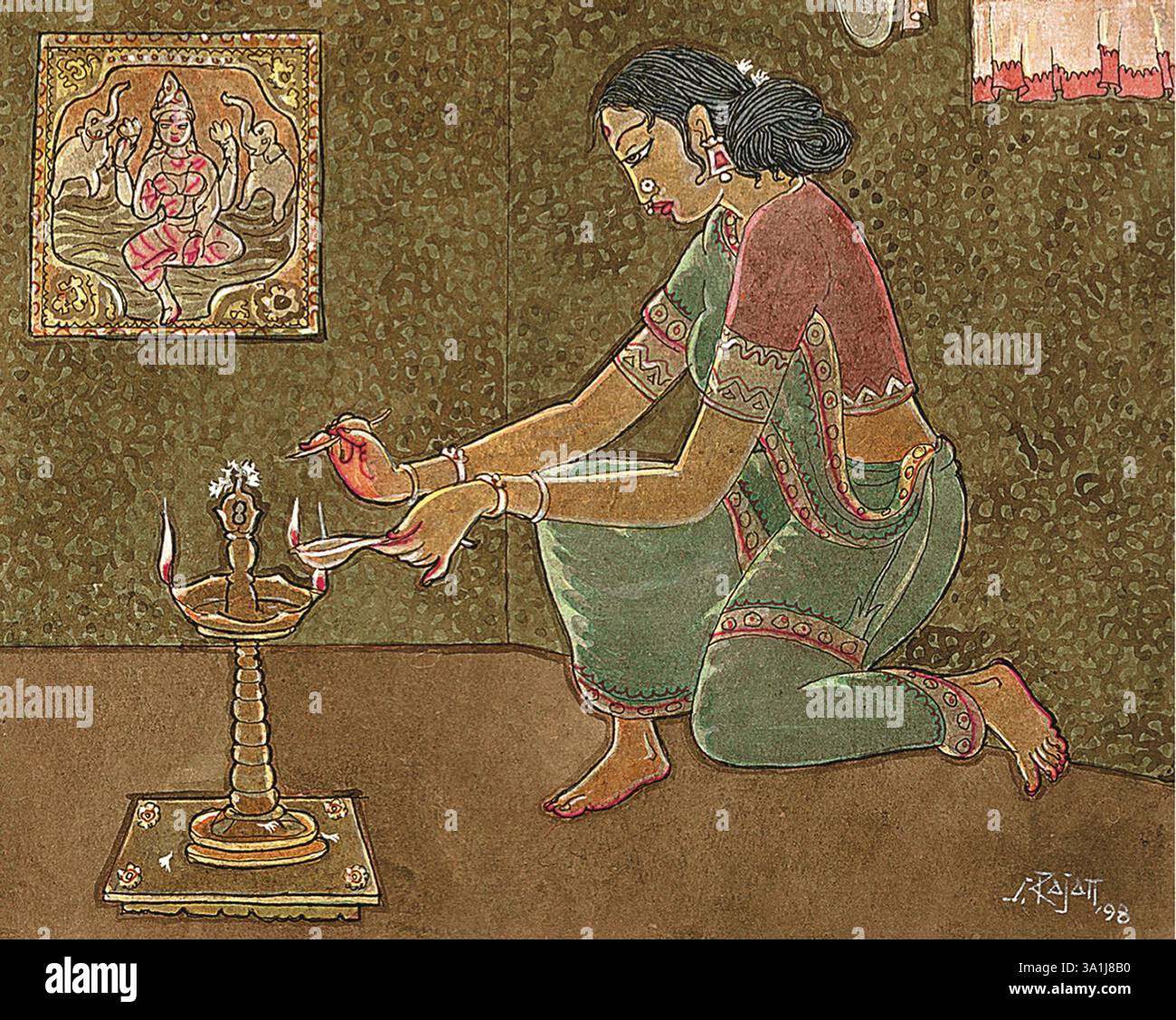 Künstler S. rajam, Frau, hindu glaube, hindu, hinduismus, Kunst, Kunst der himalaya-Akademie, Girlanden, Hausfrau, indianerin, hindufrau, zu Hause, zu Hause, du Stockfoto