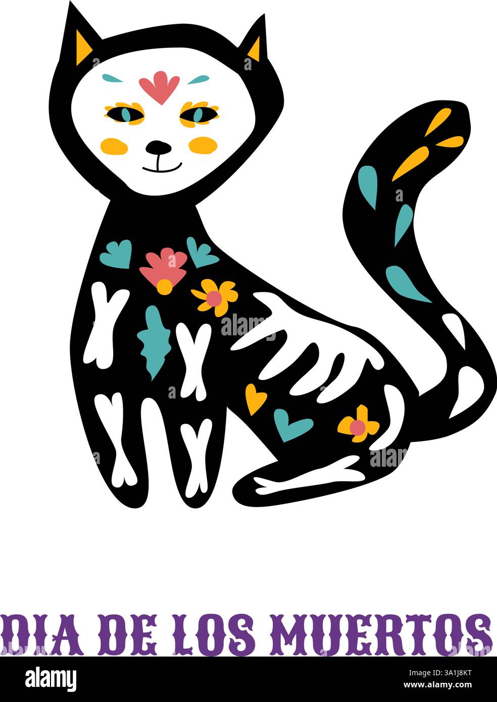 Banner oder Plakate zum mexikanischen Tod. Grußkarte Dia de los muertos. Zuckerschädel, Tatoo-Haustiere und Blumenelemente, Blumen und Tatoo-Maske. Stock Vektor