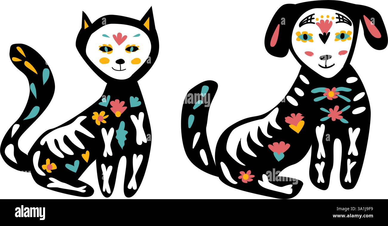 Mexikanische Elemente zum Todestag. Aufkleber für das Dia de los muertos Festival. Tatoo-Haustiere und Blumenelemente. Stock Vektor