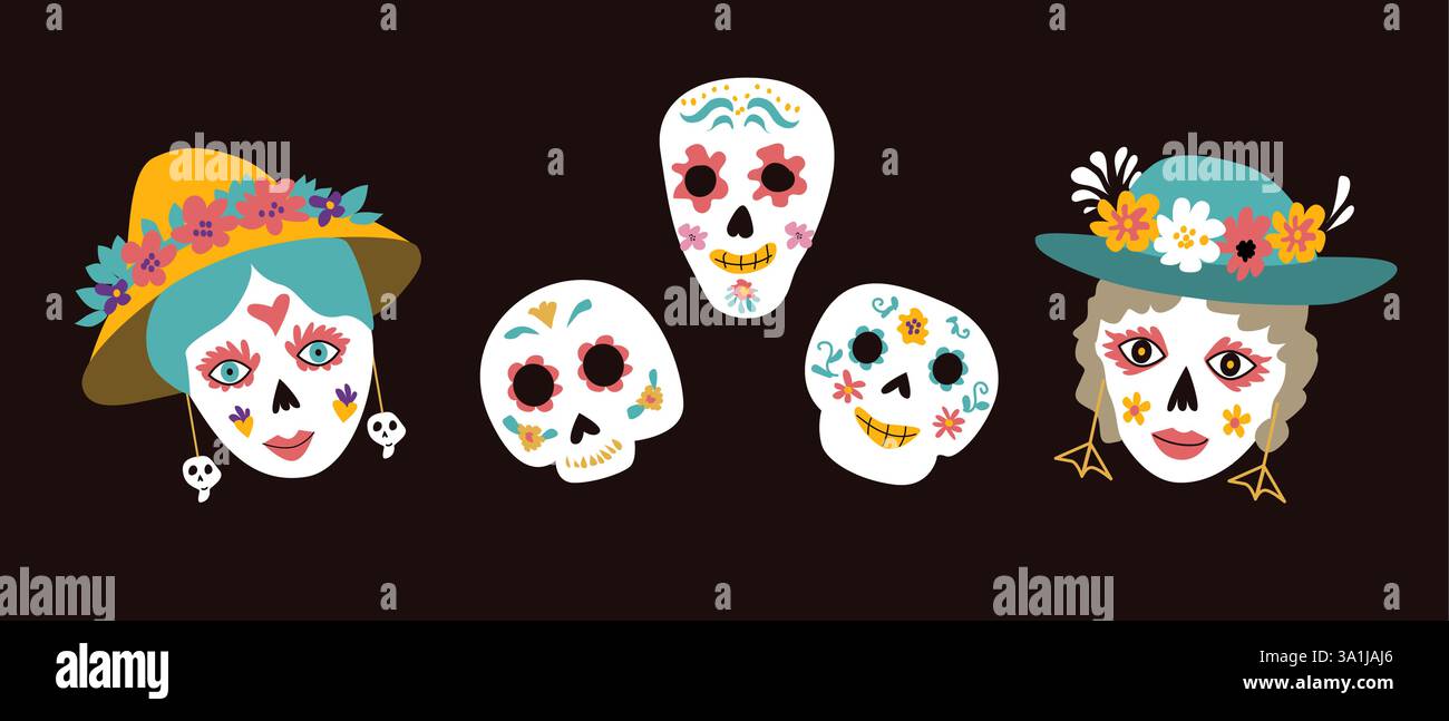 Mexikanische Elemente zum Todestag. Aufkleber für das Dia de los muertos Festival, Einladung zur musikalischen Party und Poster. Zuckerschädel, Tatoo-Haustiere und Blumenelement Stock Vektor