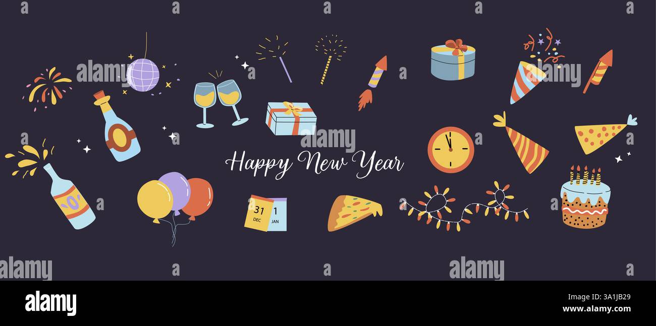 Happy New Year Doodle Event Elemente. Feierliches Design. Set aus Champagner, Geschenkbox, Kalender, Pizza, Kuchen, Hund und Katze, Konfetti, Feuerwerkskörper, Uhr Stock Vektor