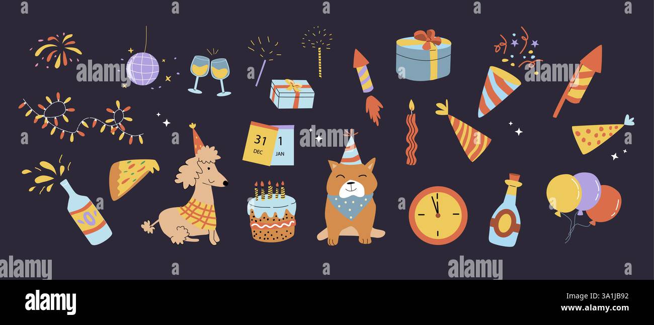 Happy New Year Doodle Event Elemente. Feierliches Design. Set aus Champagner, Geschenkbox, Kalender, Pizza, Kuchen, Hunde, Konfetti, Feuerwerkskörper, Uhr, Glas Stock Vektor