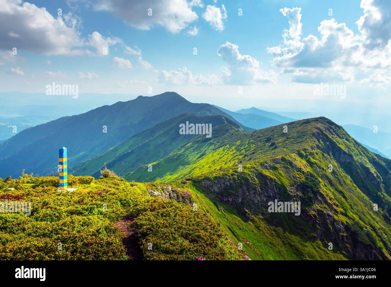 Die Grenze zwischen der Ukraine und Rumänien in den Karpaten. Gelbe und blaue Grenzposten im Frühjahr Maramures, Ukraine, Europa Stockfoto