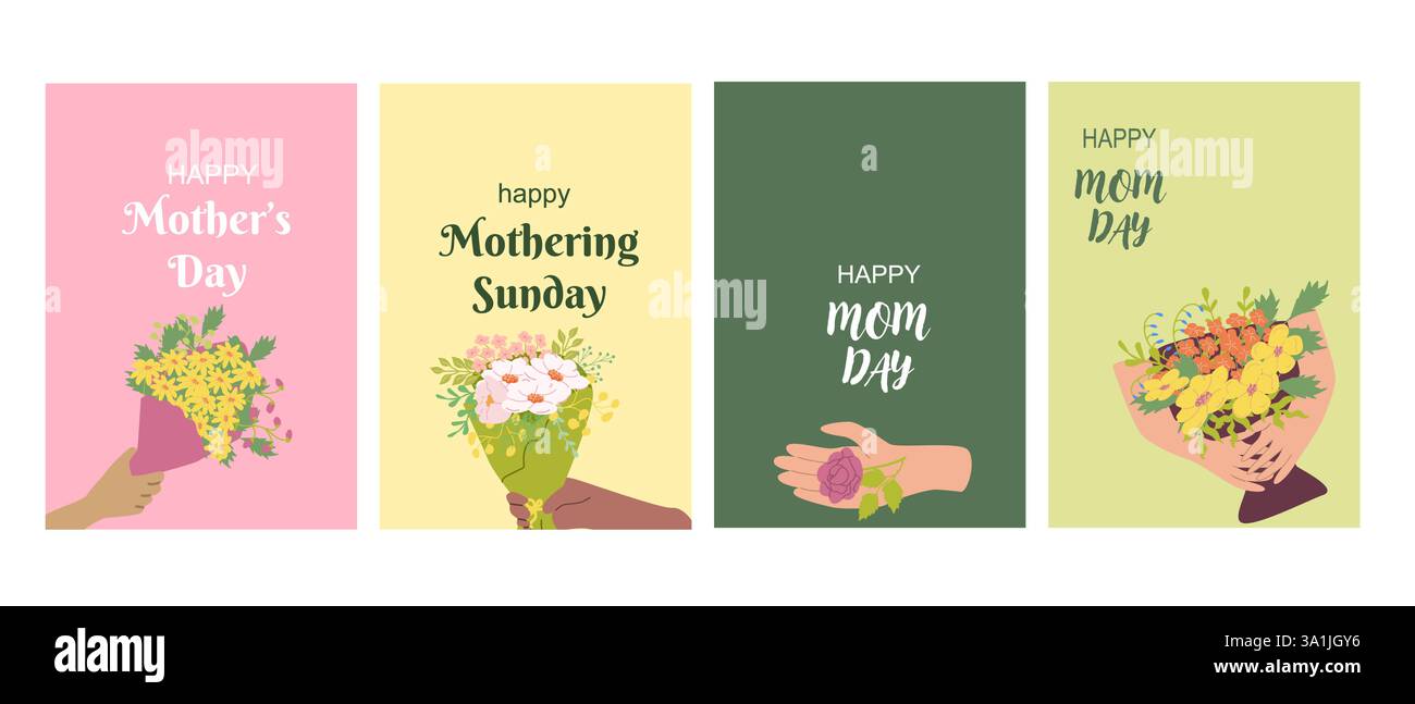 Grußkarten-Kollektion zum Muttertag mit Blumenmotiven in verschiedenen Stilen. Stock Vektor