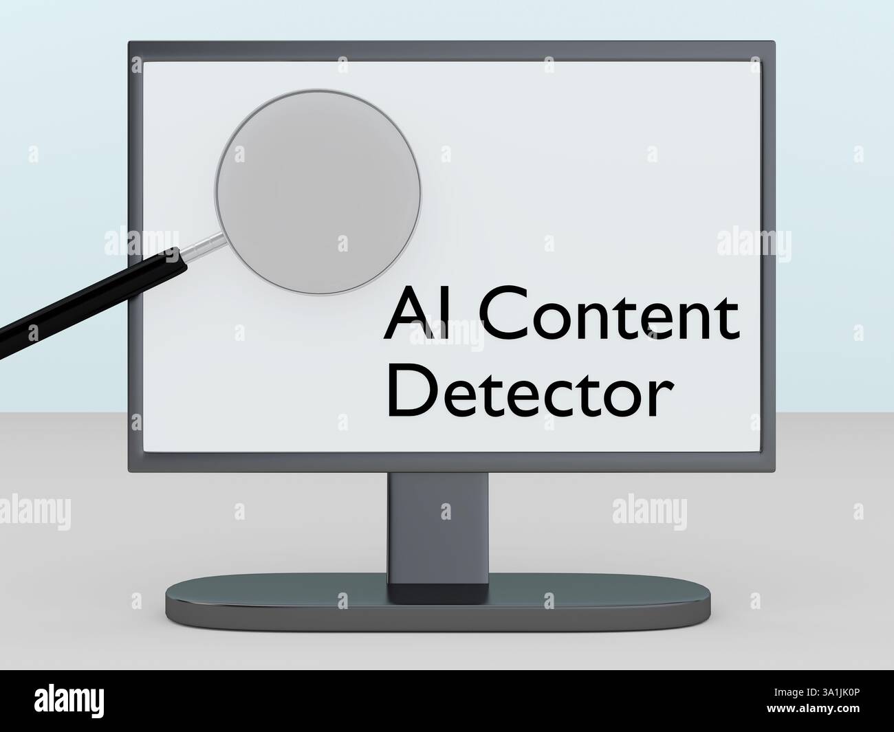 3D-Illustration einer Lupe auf dem PC-Bildschirm zusammen mit dem Text AI Content Detector. Stockfoto