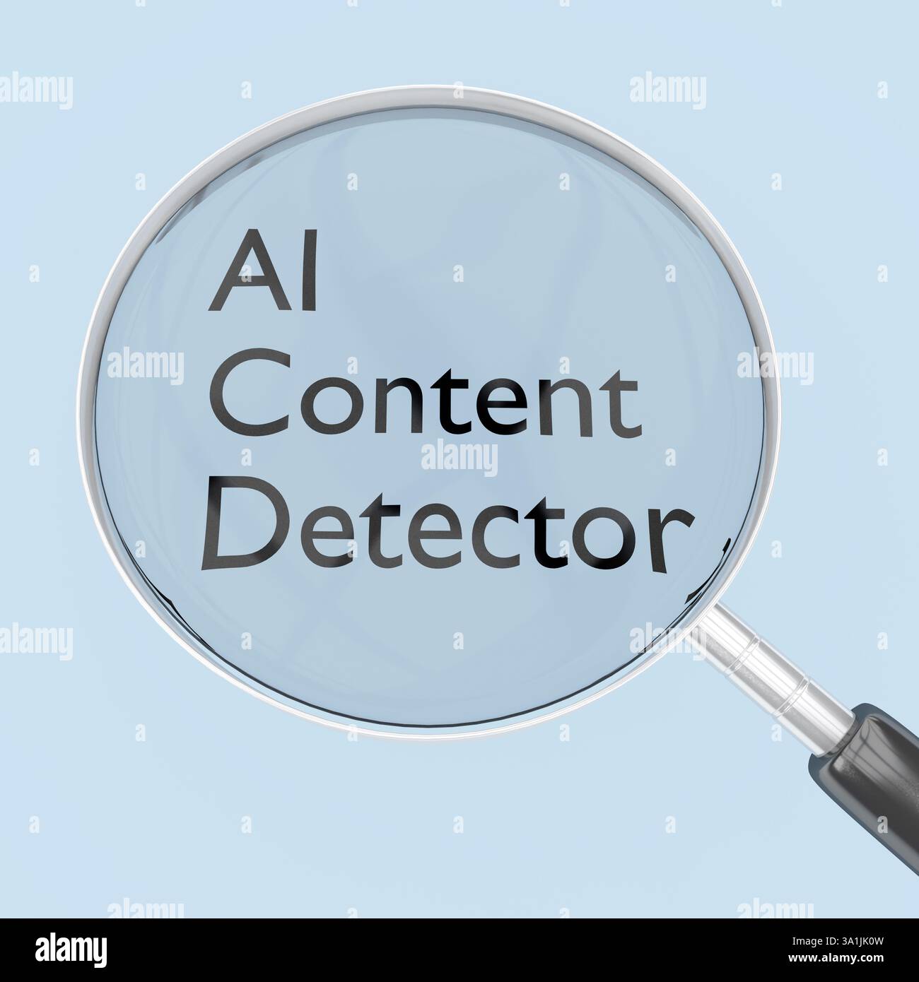 3D-Illustration der Lupe über dem Text AI Content Detector. Stockfoto