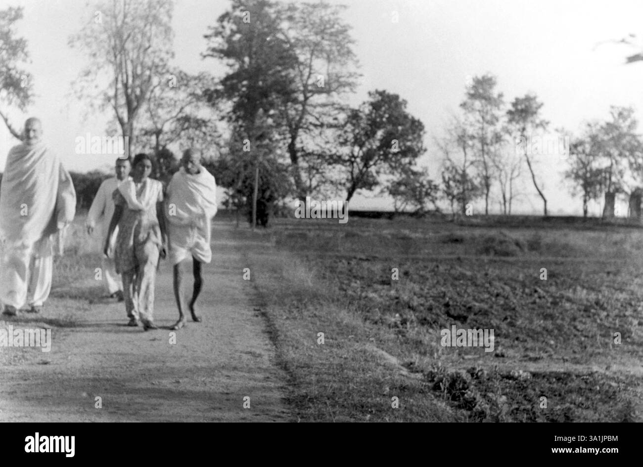 Khan Abdul Gaffar Khan, Manu Gandhi und Mahatma Gandhi gehen durch offene Felder in den von Aufständen heimgesuchten Gebieten von Bihar, 1947, Indien NA MR Stockfoto