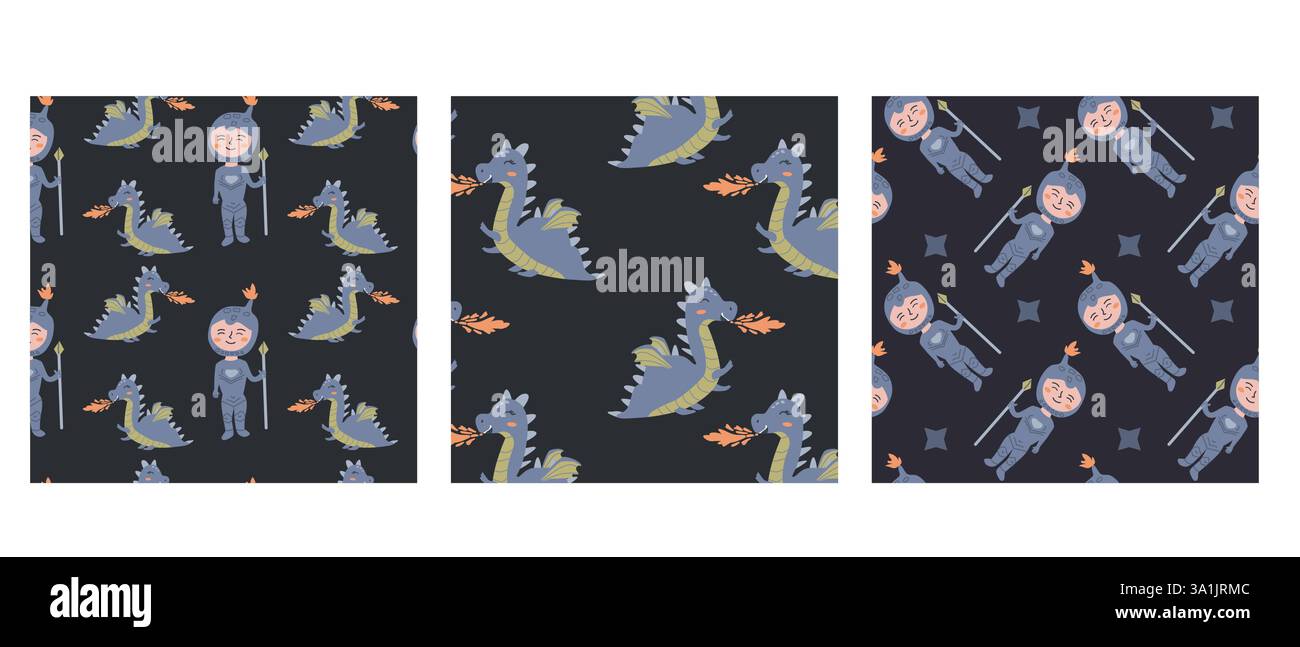 Skurrile Prinzessinnen-Muster mit Rittern und Drachen für Kinderdesign und Stoffhandwerk. Stock Vektor