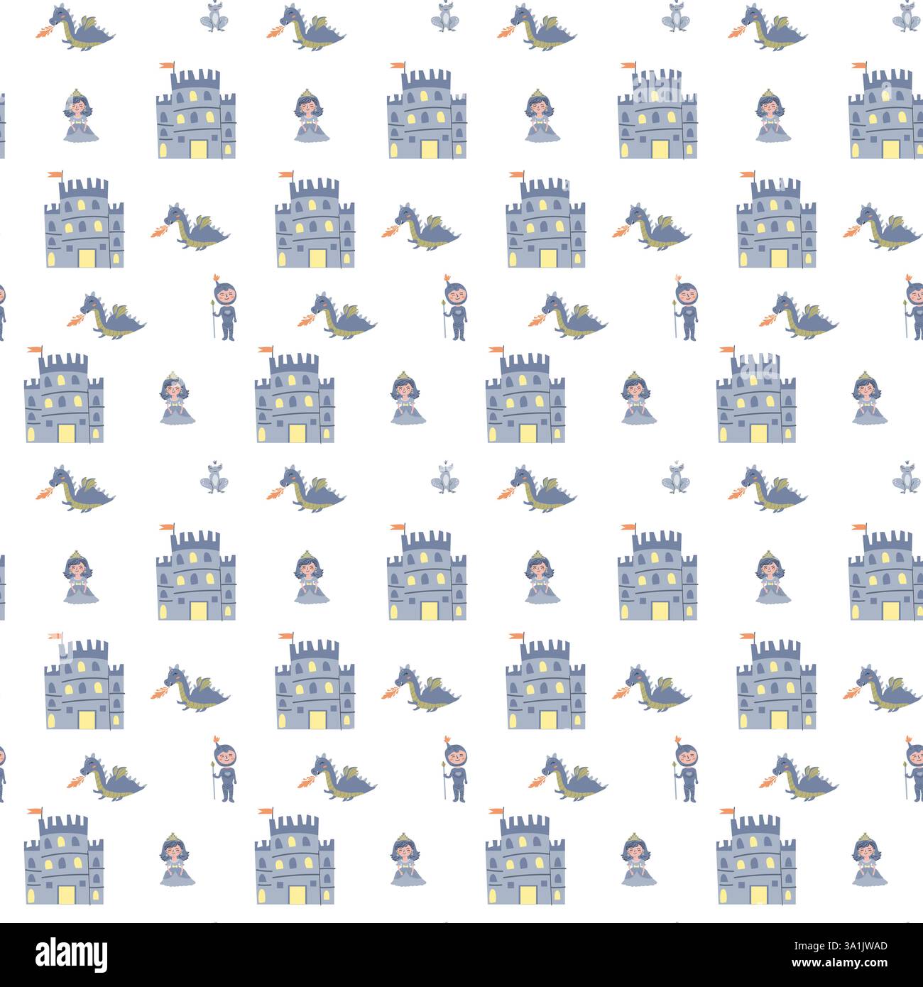 Bezauberndes Prinzessinnenmuster mit Schlössern, Drachen und Rittern für Textildesign oder Geschenkverpackung. Stock Vektor