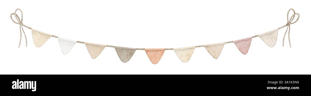 Festliche Aquarellgirlande Illustration mit pastellfarbenen Fahnen. Zeichnung von Fahnen in beigefarbenen Farben für Partydekorationen, kindliche Feiern oder Kinderzimmer. Wimpelkunst für Babyduscheinladungen Stockfoto