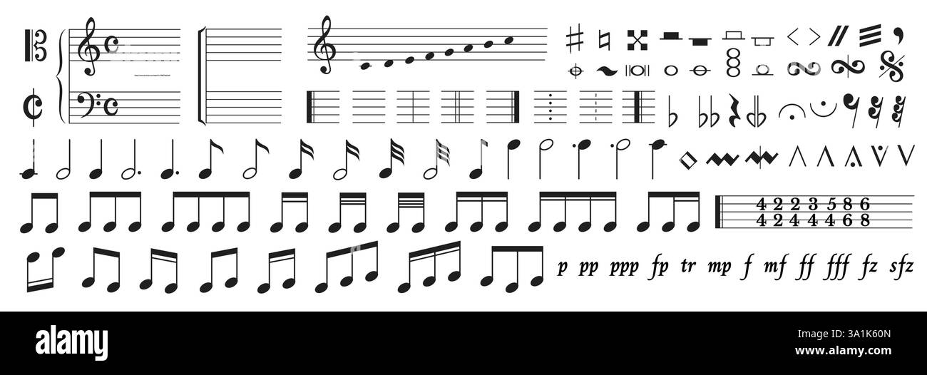 Verschiedene musikalische Notenzeichen, die Noten, clefs, Dynamiken und Artikulationen darstellen. Unverzichtbar für Komponisten und Musiker, die das Re lernen Stock Vektor