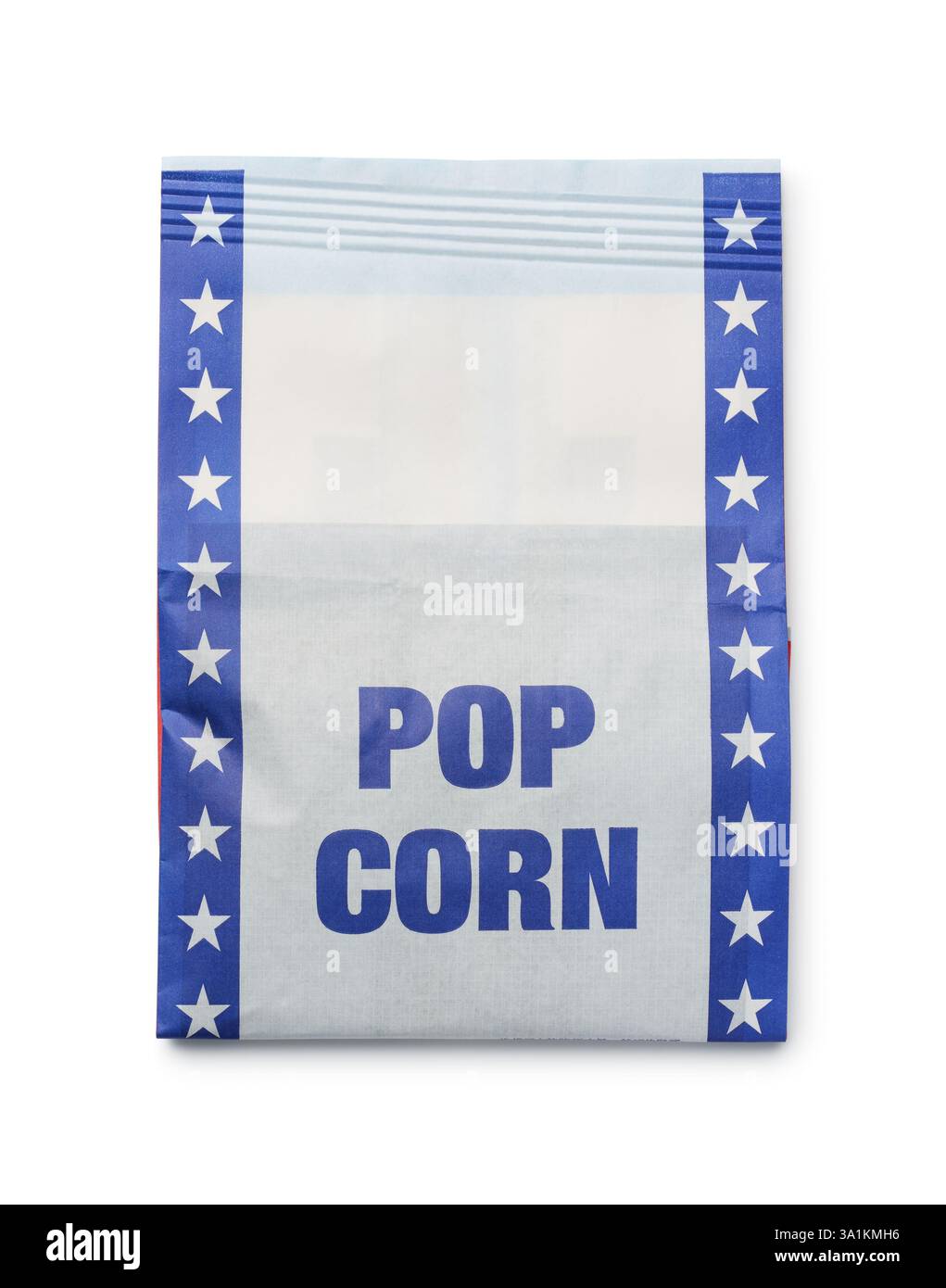 Draufsicht auf ungepupptes Mikrowellen-Popcorn in Papiertüte isoliert auf weiß Stockfoto