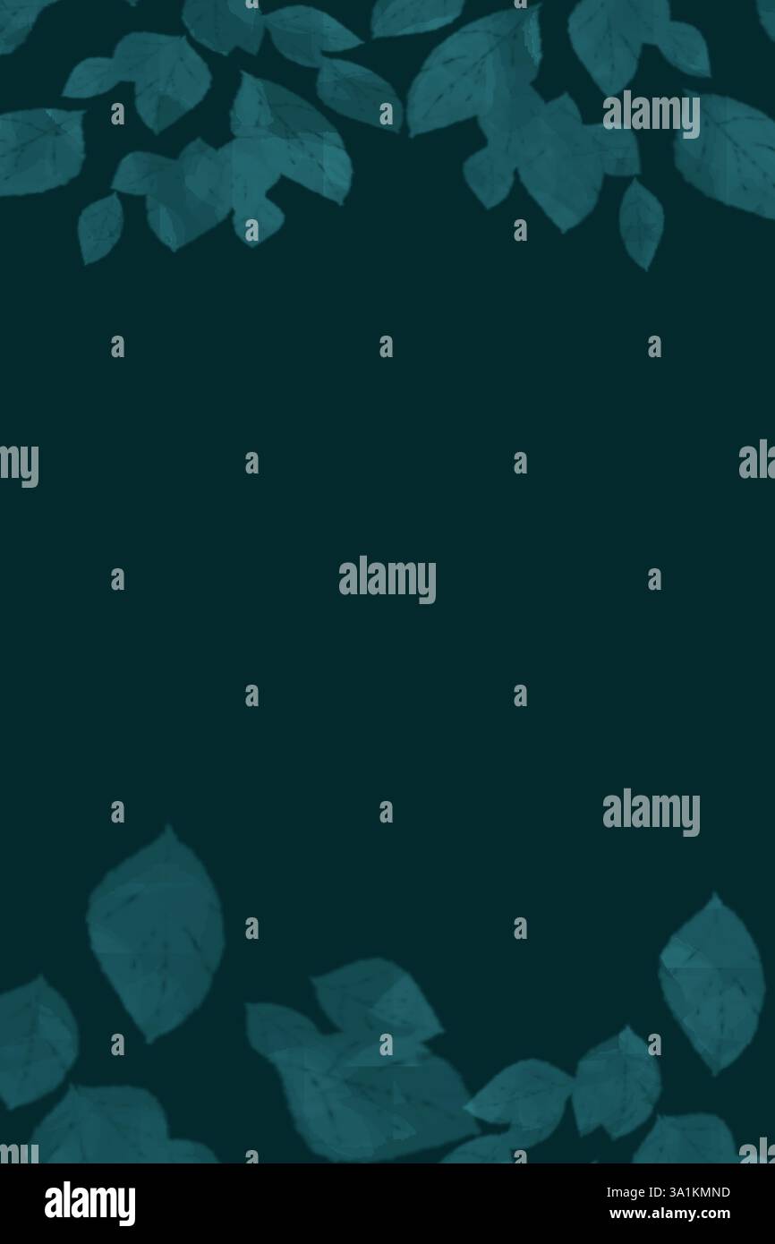Tiefdunkler Hintergrund mit durchscheinenden Blättern in Aquarellen, die einen eleganten Rahmen bilden. Perfekt für Designs, Hintergründe, Karten und Einladungen. Stockfoto