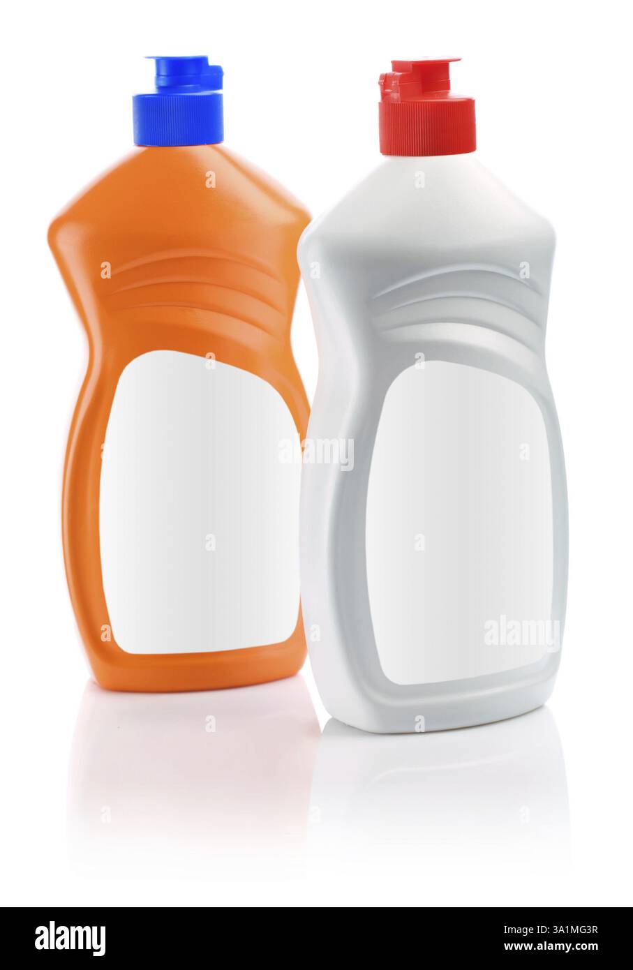 Orangefarbene und weiße Reinigungsflaschen Stockfoto