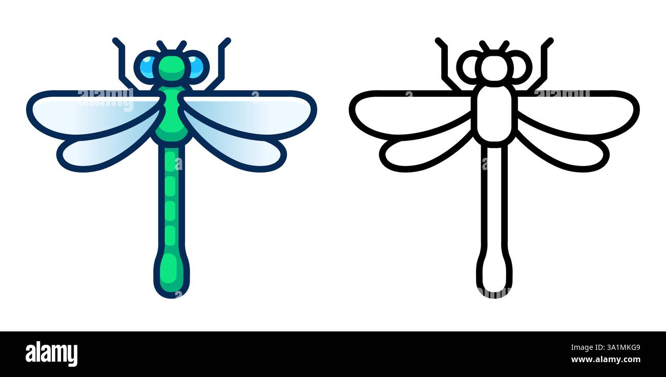 Vektor-Libelle-Symbol, flaches geometrisches Design. Einfache Illustrationen für Cartoon-Clips. Farbe und Schwarzweiß-Symbol. Stock Vektor
