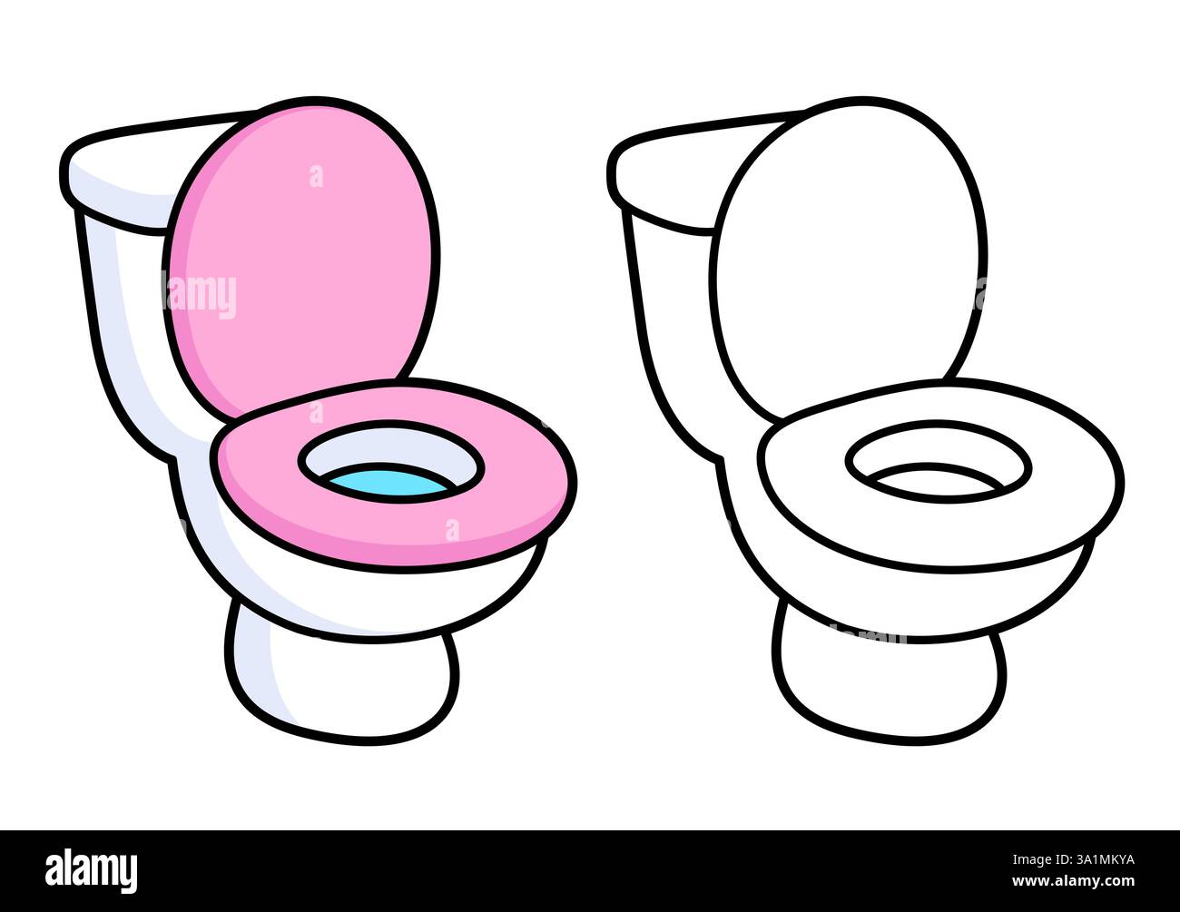 Zeichentrickzeichnung der Toilettenschüssel. Farbe und Schwarzweiß-Strichgrafik. Einfache Vektorgrafik-Illustration. Stock Vektor