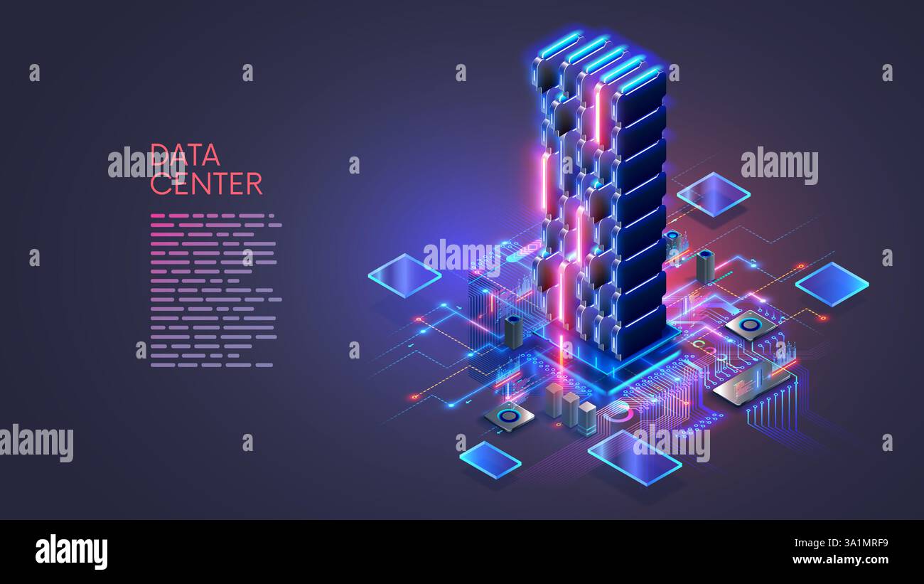 Isometrisches Konzept des Rechenzentrums. Big Data im Rechenzentrum berechnen. Großes Server-Rack, das an die Hardware-Infrastruktur angeschlossen ist. Computernetztechnik und Stock Vektor