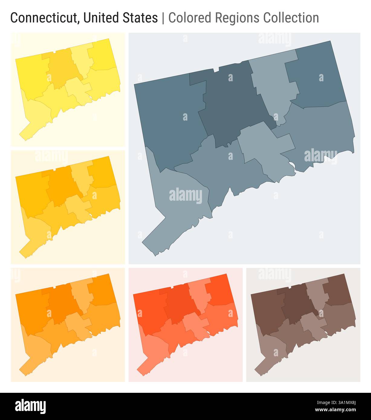 Connecticut, Usa. Kartensammlung. Statusform. Farbige Bezirke. Blaugrau, Gelb, Bernstein, Orange, Deep Orange, braune Farbpaletten. Stock Vektor