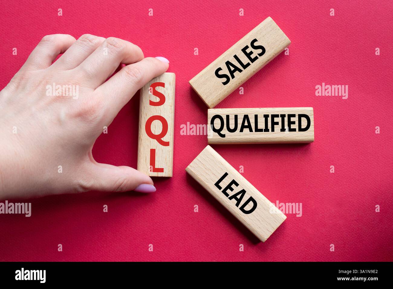 SQL - qualifizierter Lead für Vertrieb. Holzwürfel mit SQL-Wörtern. Geschäftsmann Hand. Schöner roter Hintergrund. Business- und SQL-Konzept. Kopierbereich. Stockfoto