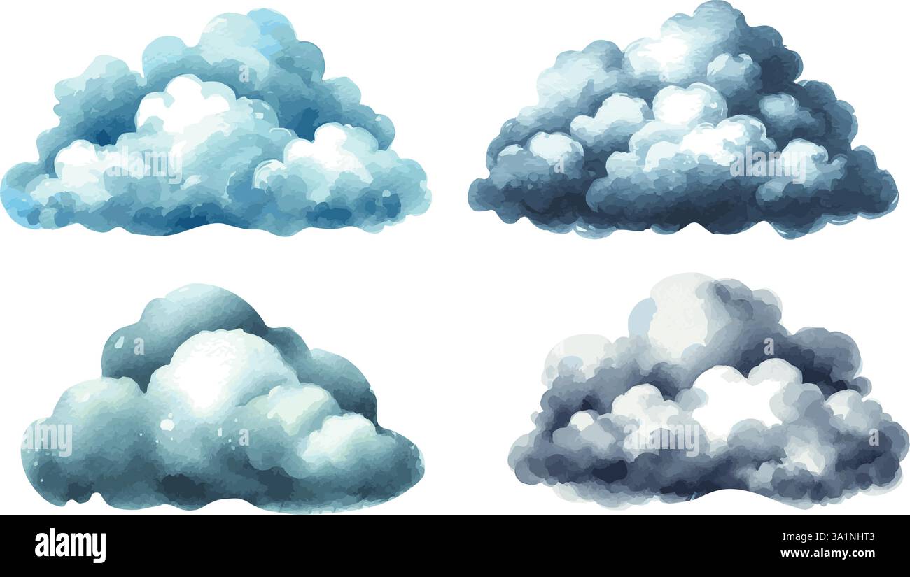 Sammlung von Aquarellvektorillustrationa von flauschigen Wolken Stock Vektor