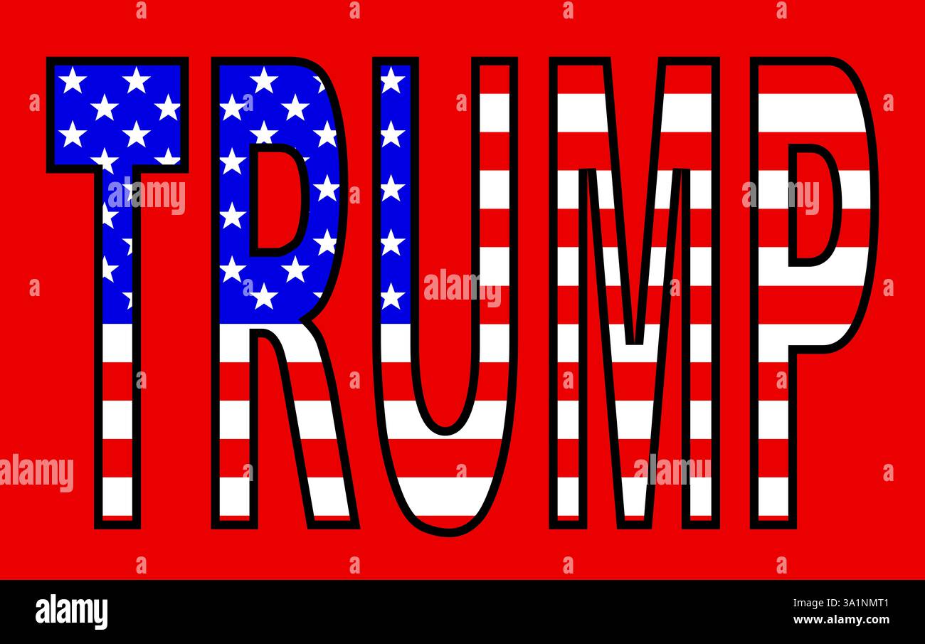 US-Stars und -Streifen-Flagge unter dem wird TRUMP auf rotem Hintergrund Stockfoto