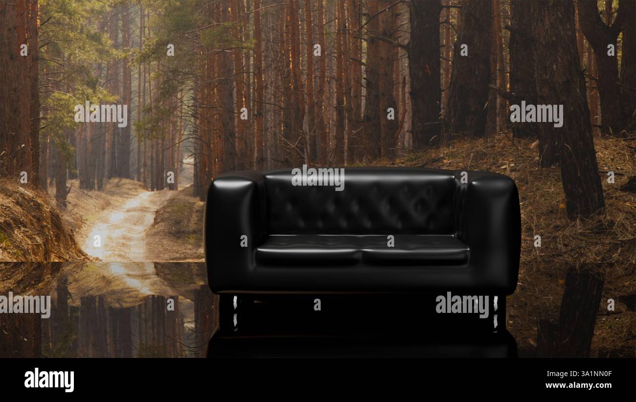 3D-Modell eines schwarzen zweisitzigen gesteppten Sofas aus Leder auf dem Hintergrund des Kiefernwaldes und des Weges auf dem Spiegelboden, Gefühl des Komforts von gepolsterten Möbeln Stockfoto