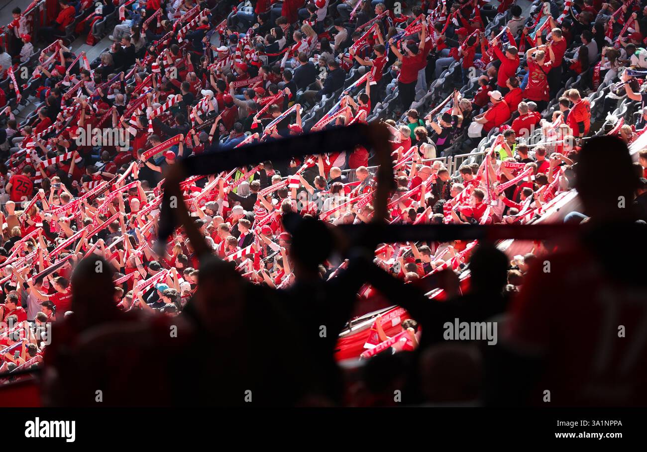 MÜNCHEN – 08. MÄRZ: FC Bayern Fans singen vor dem Bundesliga-Spiel zwischen dem FC Bayern München und dem VfL Bochum 1848 in der Allianz Arena am 08. März 2025 in München. © diebilderwelt / Alamy Stock Stockfoto