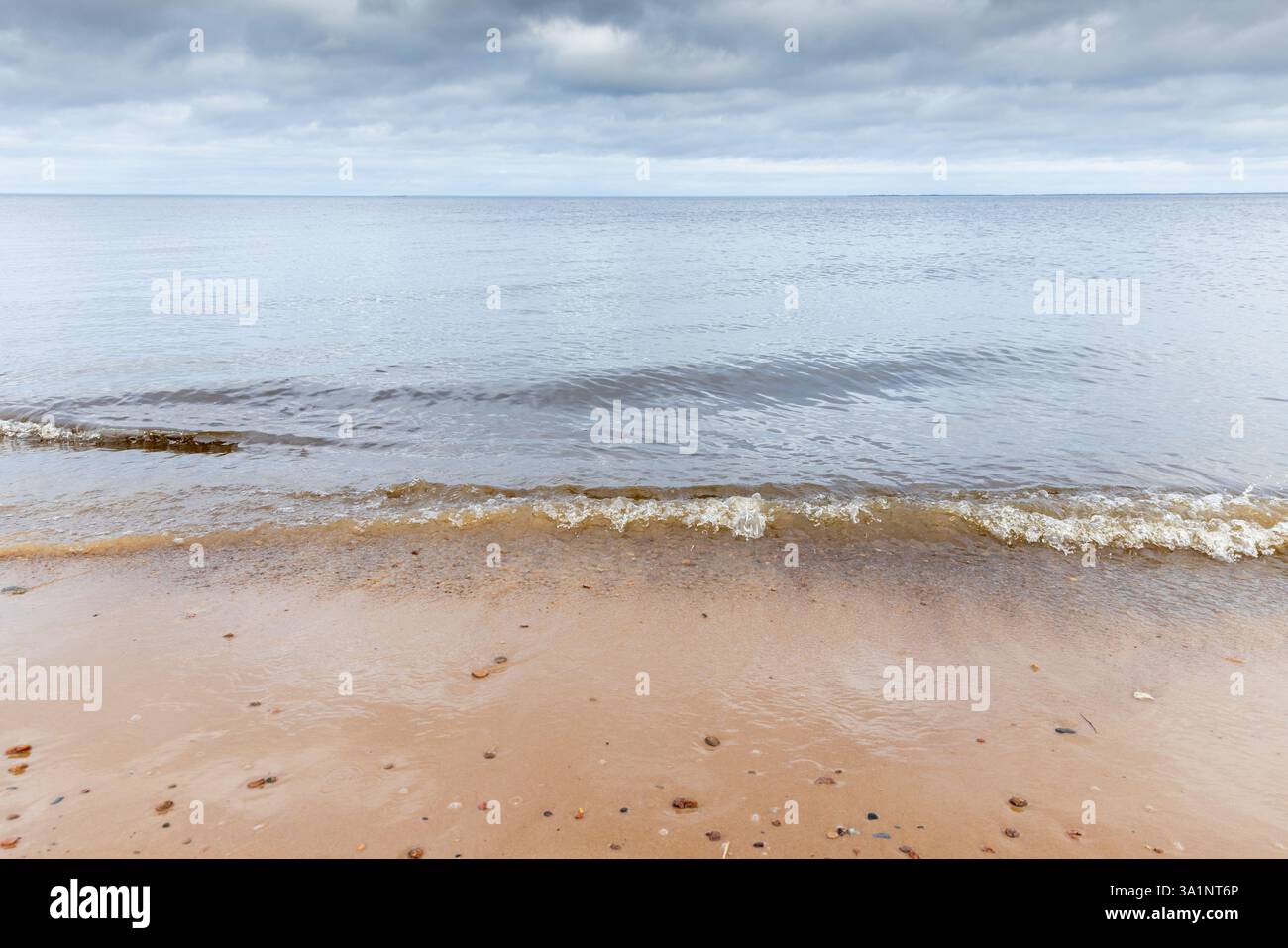 Ruhige Wellen, die sanft auf einem Sandstrand unter bewölktem Himmel schlagen, schaffen eine ruhige Atmosphäre, natürliche Fotografie an der Südküste des Golfs Stockfoto