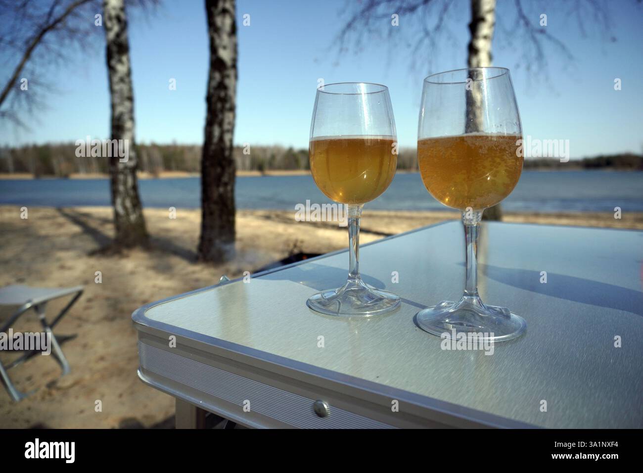 Camping zwei Plastikgläser mit prickelndem Getränk am Sandstrand auf Tisch zwischen Bäumen in der Nähe des Sees. Entspannend Stockfoto