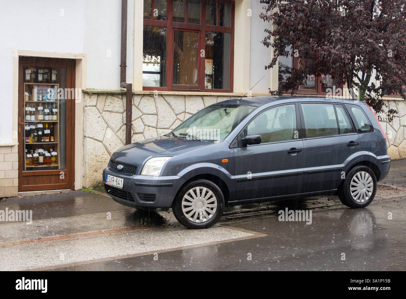 TOKAJ UNGARN - 27. OKTOBER 2023: Europäisches dunkelgraublaues Familienauto Ford Fusion MPV parkt bei Regen auf der Straße Stockfoto