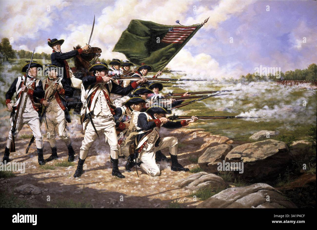 The Battle of Long Island, ein Gemälde der Nationalgarde, das für das National Guard Bureau geschaffen wurde. Das Gemälde zeigt das Delaware-Regiment in der Schlacht von Long Island am 27. August 1776. Stockfoto
