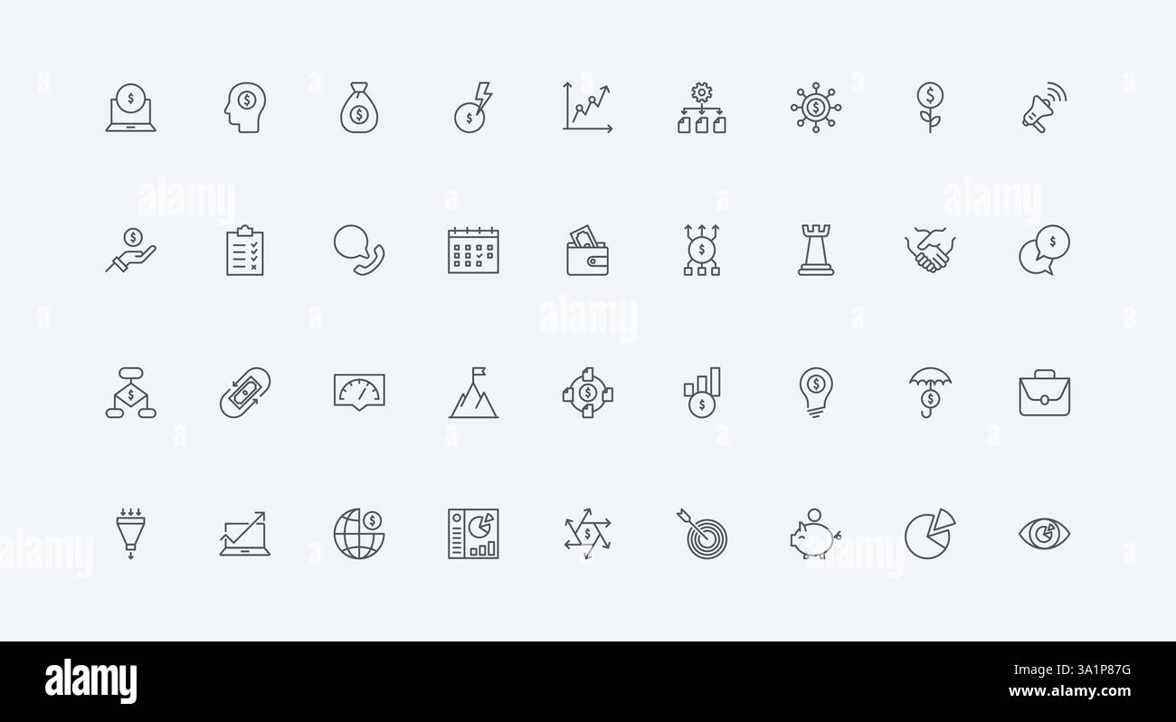 Versicherung von Investitionen, Vision und Analyse Bericht Diagramm, Mitarbeiter Mindset, um Geld zu verdienen dünne schwarze Umrisssymbole Vektor Illustration. Geschäftsfirma, Zeile mit Symbolgruppe für Startstrategie Stock Vektor