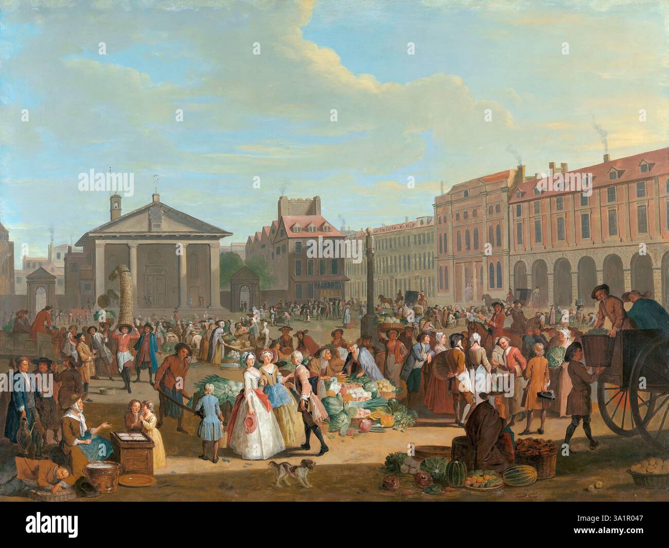 Öl auf Kupfergemälde der Covent Gardens in London Menschenmassen des französischen Malers Pieter Angillis Kunstwerk Bild Vintage Antiquitäten Stockfoto