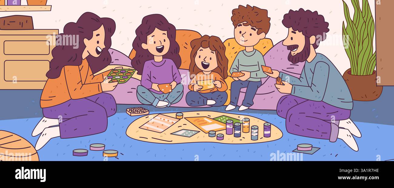 Familienbrettspiel Nacht gemütliches Wohnzimmer bunte Szene mit fünf Personen auf dem Boden spielen und lachen umgeben von Kissen Pflanzen und Stock Vektor