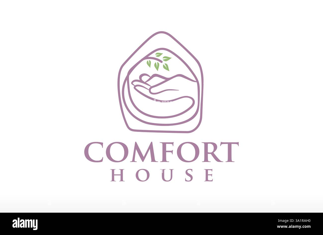 Natur mit Sleeping Comfort House Logo Design, Comfort Zone Retreat Logo, Organic Interior Design, Retreat Wellness Logo Handpflege Sleeping a Human Stock Vektor
