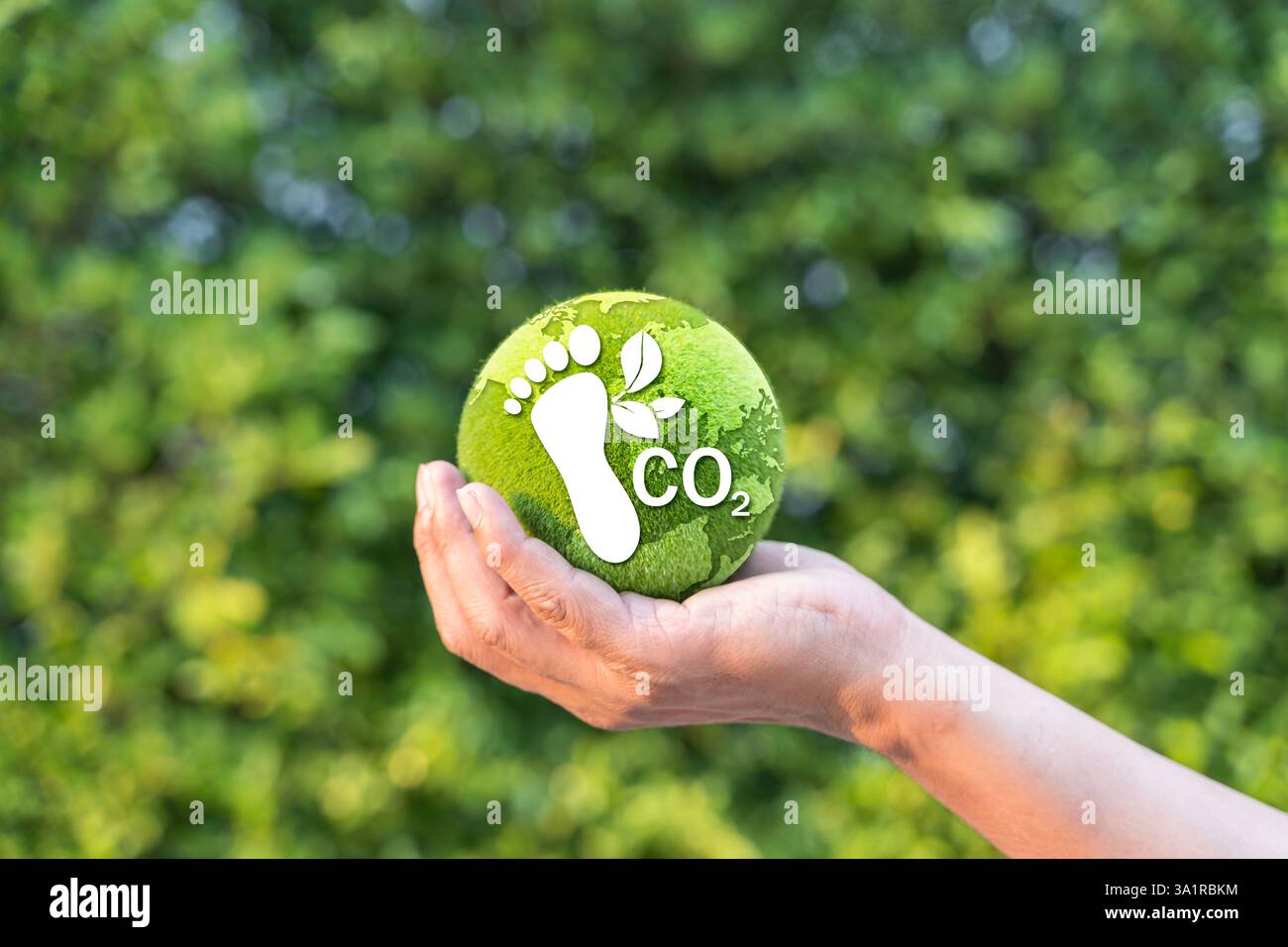 Konzept zur Reduzierung des CO2-Fußabdrucks. Umweltfreundliche Unternehmen aus erneuerbaren Energien. Reduzierung der CO2-Emissionen. Treibhausgasemissionen nach Sektoren. Umwelt und Stockfoto