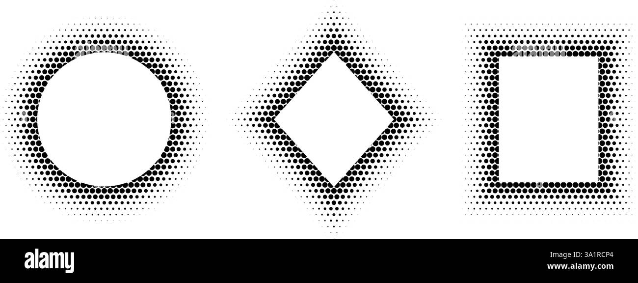 Geometrischer Rahmensatz für schwarzen Halbton. Kollektion mit gepunktetem Farbverlauf. Pop-Art-Comic-Bilderhalter für Bannervorlage, Kopierraum, Emblem, Poster, Broschüre. Vektor-gerasterte Framing-Paket Stock Vektor