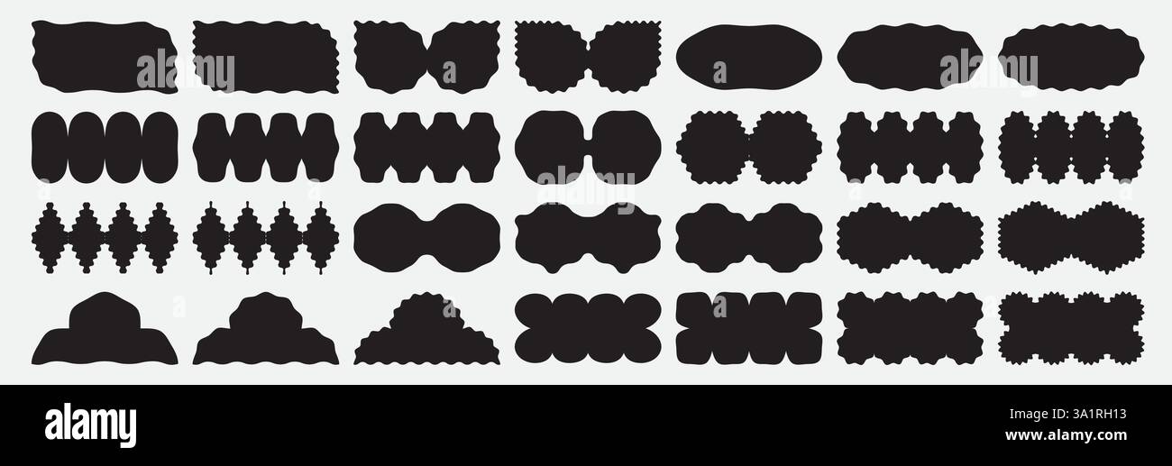 Schwarze brutalistische Formen mit kurvigen und zerklüfteten Rändern. Stock Vektor