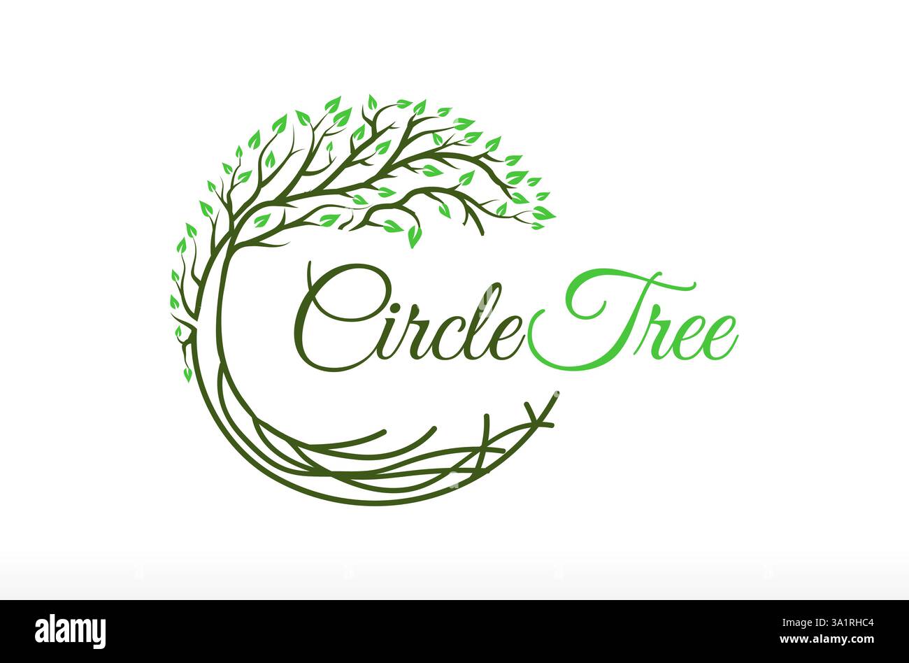 Green Leaf Natur Circle Tree and Root Logo Design Vektor Symbol Illustrationen, Circle Tree Logo, Family Tree Six Season Tree Logo Stock Vektor