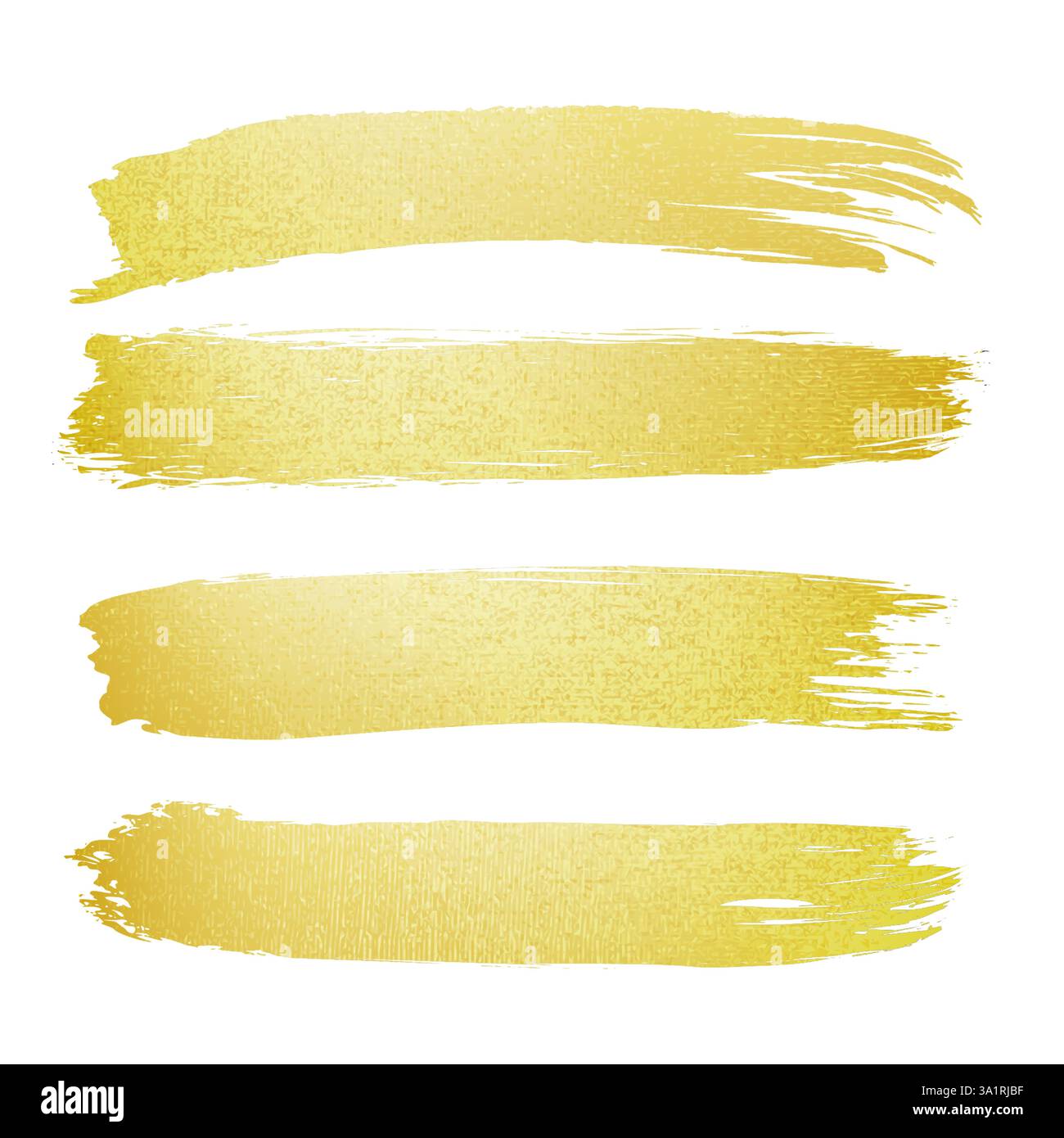 Pinselstriche aus Goldfolie auf weißem Hintergrund. Metallic-Lackstruktur mit horizontalen Schlieren mit unterschiedlichem Schimmer. Luxuriöse Designelemente für Hochzeitseinladungen, Header oder digitale Scrapbooking. Stock Vektor