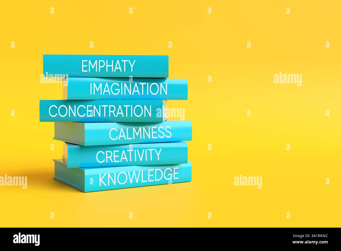 Blaue Bücher auf gelbem Hintergrund, die wichtige Fähigkeiten zeigen, die man durch Lesen erwerben kann, wie Empathie, Fantasie, Konzentration, Ruhe Stockfoto