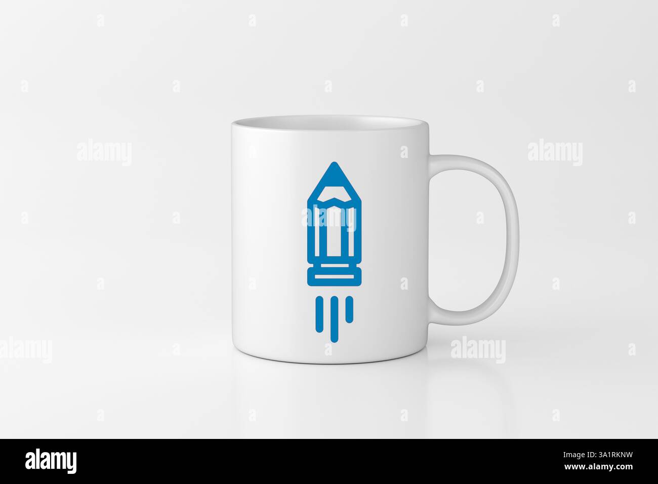Weißer Becher mit blauem Bleistift, der wie eine Rakete abhebt, symbolisiert kreative Inspiration und innovative Ideen. 3D-Rendering. Stockfoto