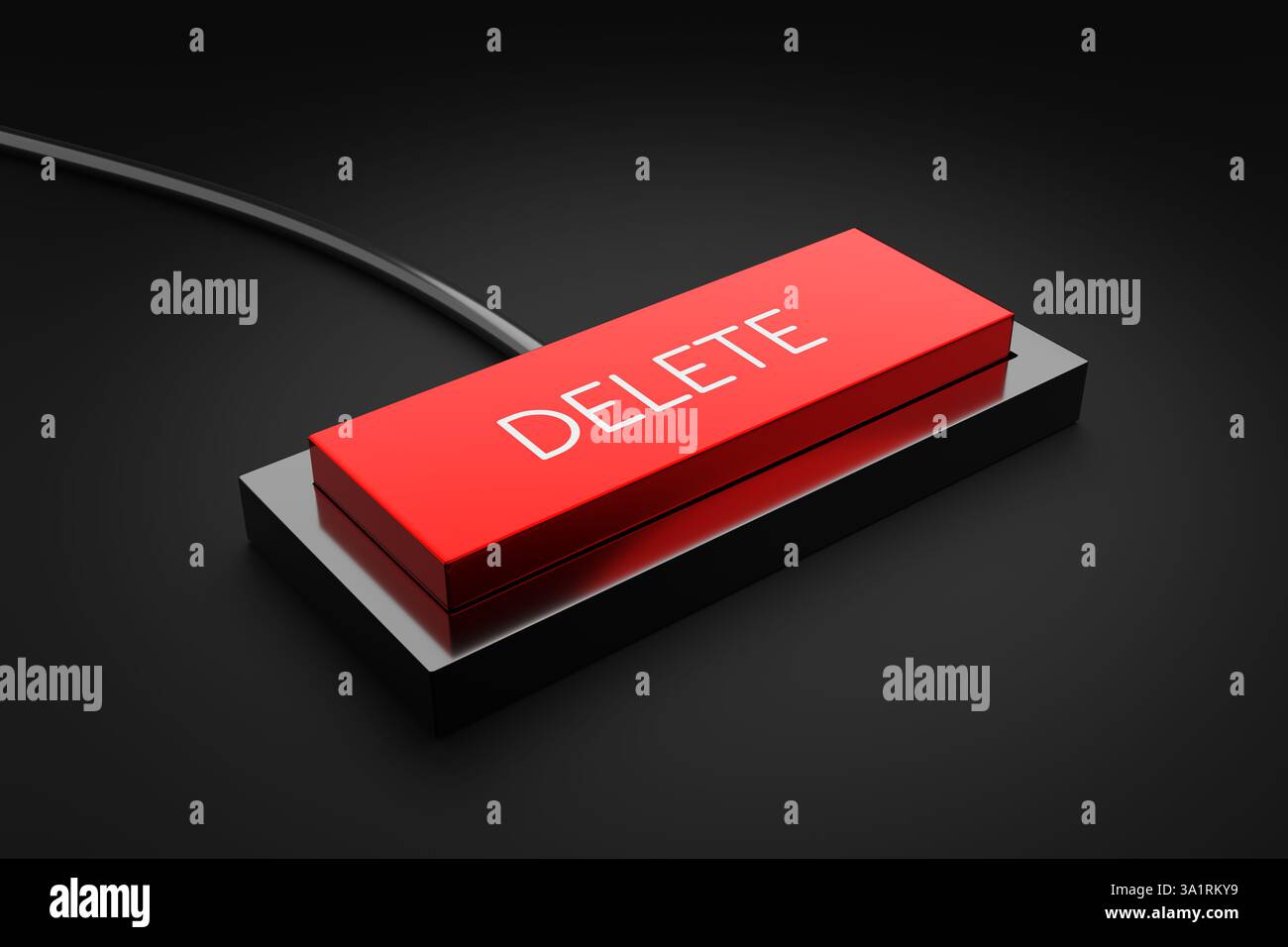 Rote Löschtaste, verbunden mit schwarzem Kabel auf dunklem Hintergrund, die Datenentfernung und digitale Löschung darstellt. 3D-Rendering Stockfoto